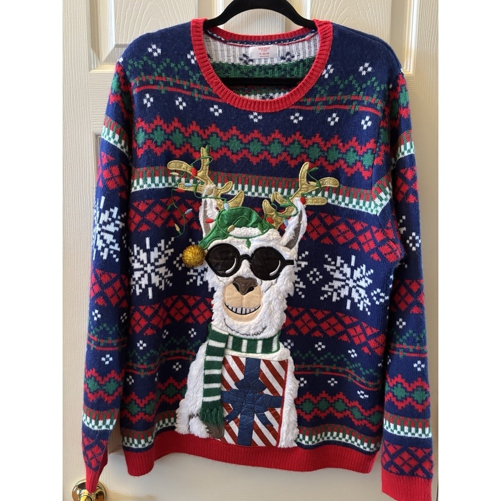 Ugly Christmas Sweater Holiday Llama Alpaca Sunglasses Men's Women's XL Pocket